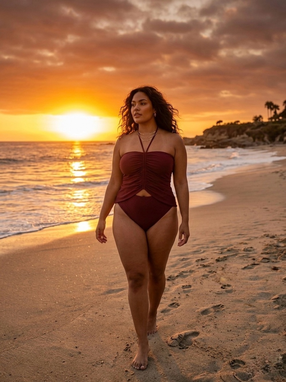 Mimi Flamingo Ruched Halter One-Piece Swimsuit in Burgundy